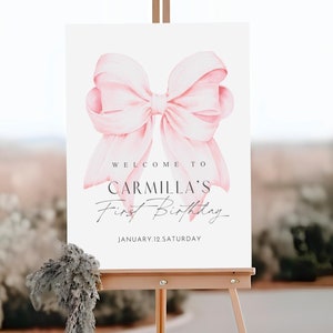 Pink Bow 1st Birthday Welcome Sign Printable, Pink Bow Welcome Sign, Pink Bow Girls Birthday Sign Template, 1st Birthday Girl Welcome Sign