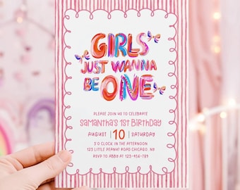 Invitación de cumpleaños "Girls Just Wanna Be One" en acuarela para fiesta de primer cumpleaños de niña. Invitación editable y colorida para fiesta de primer cumpleaños en Canva.