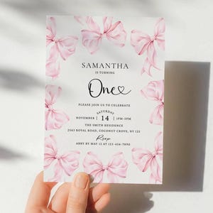 Editable Pink Bow 1st Birthday Invitation Our Little Is Turning One Girl First Birthday Invite Elegant 1st Pink Ribbon Theme Party Printable