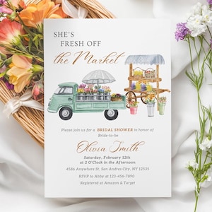 Bewerkbare sjabloon vrijgezellenfeest uitnodiging markt bloemenwinkel bruids douche uitnodiging Boho boerenmarkt bloemen bruids uitnodiging