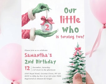 Invitación navideña "Adivina quién cumple dos años", niña con lazo rosa, fiesta de segundo cumpleaños, invitación navideña del Grinch, editable, imprimible, descarga instantánea