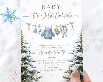 Baby It's Cold Outside Baby Shower Invitation Canva Template Winter Snowflake Baby Clothes Baby Shower Blue Snow Baby Shower Editable Invite