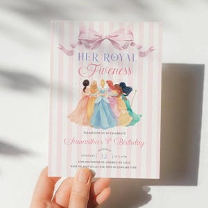 Invitation d'anniversaire princesse aquarelle Her Fiveness : invitation de fête d'habillage rose royal couronnes de diadème robes toile (modèle modifiable)