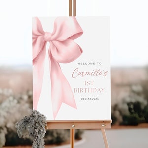 Pink Bow Welcome Sign, Pink Bow 1st Birthday Welcome Sign, Pink Bow Girls Birthday Sign Template, 1st Birthday Girl Welcome Sign Printable