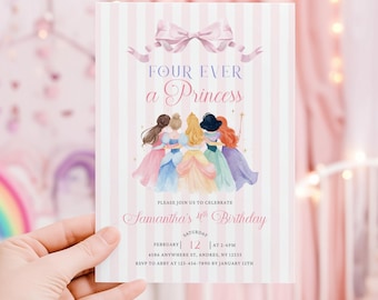Princess 4th Birthday Invitation – Four Ever A Princess Birthday Invitation Pink Royal Dresses Watercolor Theme Party (Editable Template)