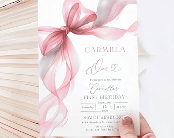 Nœud rose, premier anniversaire, invitation coquette fille, invitation nœud aquarelle, modifiable joli ruban rose, 1er anniversaire de bébé fille, invitation