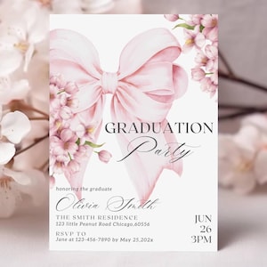 Pink Bow Wildflower Graduation Party Invitation Editable Template Floral Pink Bow Girl Grad Modern Pink Coquette Invite Printable Template