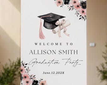 Pink Bow Graduation Party Welcome Sign Black Pink Floral Graduation Welcome Poster Template Grad Welcome Board Sign Welcome Yard Editable