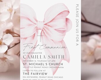 Pink Bow First Communion Invitation Template First Holy Communion invite for Pink Girl Coquette First Communion Editable Canva Invitation