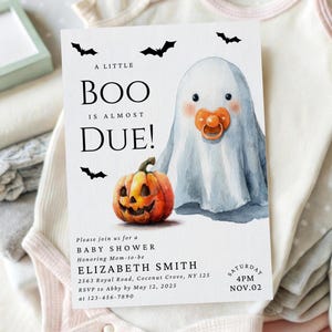 Little Boo is Almost Due Baby Shower Invitation Cute Ghost Baby Shower Invite Watercolor Halloween Theme Invite Instant Download Editable