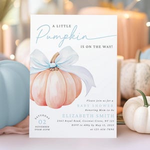Blue Pumpkin Baby Shower Invitation EDITABLE Blue Bow Little Pumpkin Baby Shower Invite Fall Coquette Bow Pumpkin Baby Brunch Canva Template