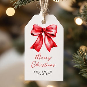Red Bow Christmas Gift Tag Canva Template, Watercolor Red Bow Christmas Gift Tags, Holiday Gift Tag Personalized, Merry Christmas Favor Tags