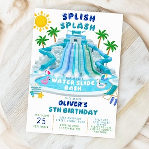 Waterslide Birthday Invitation for Boys Splish Splash Pool Party Invite Summer Slide Bash Editable Canva Template Cute Blue Water Slide Bash