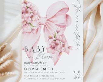 Pink Bow Baby in Bloom Baby Shower Invitation Template Wildflower Baby Shower Elegant Floral Design Coquette Baby Girl Pink Ribbon Editable