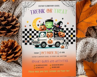 Dépliant avec une malle ou une friandise pour école, église Dépliant de fête d'Halloween Poster d'Halloween modifiable avec une malle ou une friandise pour enfant Déguisement d'Halloween pour fête