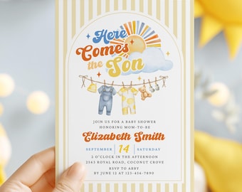 Invitación para baby shower "Here Comes the Son" con diseño de rayas y sol, estilo bohemio para niño. Plantilla editable de Canva.