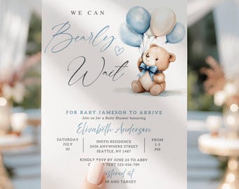 We Can Bearly Wait Baby Shower Invitation Template Blue Bow We Can Bearly Wait Baby Shower Invite Blue Teddy Bear Theme Baby Shower Editable