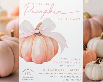 Little Pumpkin Baby Shower Invitation Pink Pumpkin Bow Fall Baby Shower Invite Girl Bow Floral Pumpkin Autumn Baby Shower Invite EDITABLE