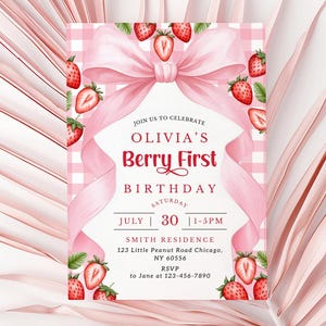 Berry First Birthday Invitation Template Pink Bow Strawberry Birthday Invitation Girl Berry 1st Birthday Gingham Coquette 1st Birthday Party