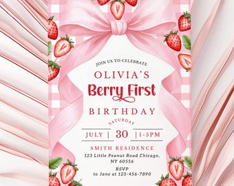 Beere Erster Geburtstag Einladung Vorlage Rosa Bogen Erdbeere Geburtstagseinladung Mädchen Beere 1st Birthday Gingham Coquette 1st Birthday Party