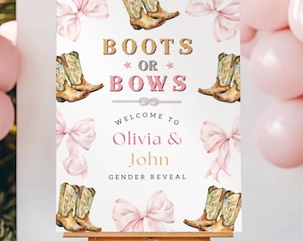 Boots or Bows Gender Reveal Welcome Sign Template Elegant Pink and Brown Western Theme  Editable Coquette Aesthetic Welcome Poster PRINTABLE