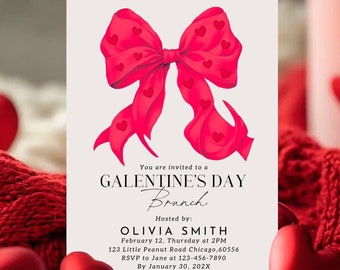 Galentines Day Girl Brunch Invitation Template Pink and Red bow Girls Brunch Invite Galentines for Friends Valentine's Party Girls Night Out