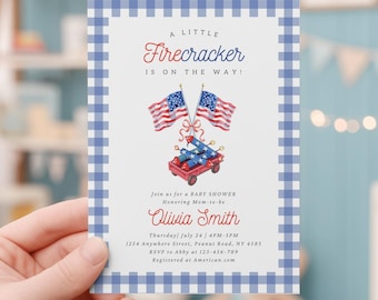 Invitación para baby shower "Un pequeño petardo" / Invitación editable en Canva "Rojo, blanco y para todos los estadounidenses" (Descarga instantánea)