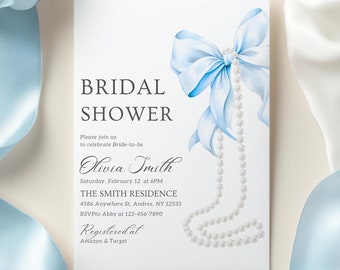 Blue Bow Invitation Template Something Blue Before I Do Bridal Shower Pearls & Bow Bridal Invitation Pretty Blue Ribbon Elegant Bridal Party