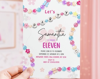 Invitación editable para pulsera de la amistad, cumpleaños de niña, creación de pulseras de cuentas, invitación para fiesta de joyería, rosa, fiesta temática de las eras de mi cumpleaños, Canva