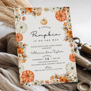 Little Pumpkin Baby Shower Invitation Template Floral Fall Baby Shower Invitation Gender Neutral Shower Autumn Baby Shower Invite Editable