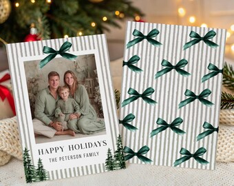 Holiday Photo Card Template Christmas Green Bow Stripe Family Photo Card Happy Holidays Editable Template Instant Download Xmas Photo Card