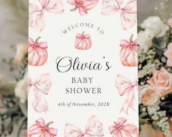 Editable Little Pumpkin Baby Shower Welcome Sign Pink Bow Girl Pumpkin Baby Shower Template Coquette Fall Theme Pumpkin Baby Shower Autumn