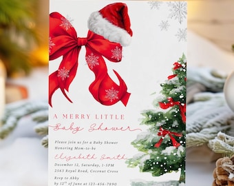 Peut inclure: Une invitation de baby shower sur le thème de Noël avec un nœud rouge, un bonnet de Père Noël et une illustration d'arbre de Noël. L'invitation comprend le texte "A Merry Little Baby Shower" et les détails de l'événement.