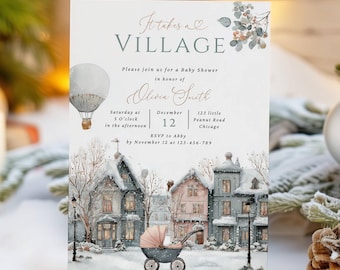 Op de afbeelding: Een uitnodiging voor een babyshower met een winterdorpsscène. De uitnodiging bevat de tekst "It takes a Village" en details voor het evenement, inclusief datum, tijd en locatie. Een luchtballon en een kinderwagen zijn ook afgebeeld.
