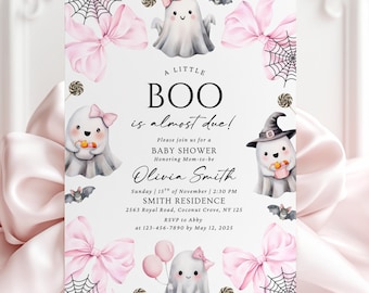 Little Boo is Almost Due Baby Shower Invitation Pink Bow Girl Halloween Theme Invite Messy Coquette Little Ghost Baby Shower Canva EDITABLE