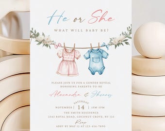 Baby Clothes Gender Reveal Invitation Editable Pink or Blue Clothesline Gender Reveal He or She What Will Baby Be? Surprise Gender Reveal