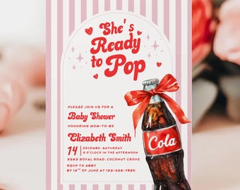 She's Ready to Pop babyshower uitnodiging Pink Girl Soda Pop Shoppe themafeest uitnodiging rode strik retro geruite pastel Vintage Cola Boy BEWERKBAAR