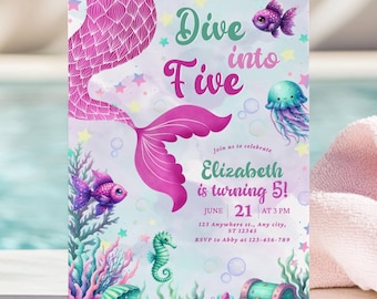 Dive into Five 5th Birthday Mermaid Invitation Editable Mermaid Bash Under the Sea Birthday Invite Pink Purple Blue Mermaid Invite Printable
