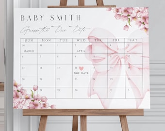 Pink Bow Baby In Bloom Baby Due Date Calendar Template Wildflower Guess the Birthday Sign Baby Shower Guess the Birth Date Canva Editable