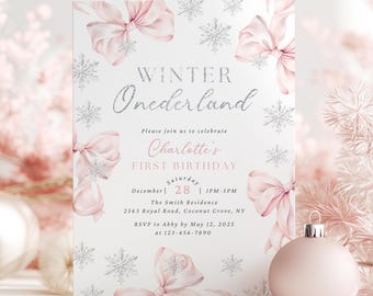 Winter Onederland First Birthday Invitation Pink Bow Girl 1st Birthday Pink Silver Glitter Snowflakes Winter 1st Birthday Christmas Coquette