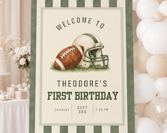 First Year Down 1st Birthday Welcome Sign Template, Football Rookie Year First Birthday Green Stripes Party Signage Decor (Digital Download)