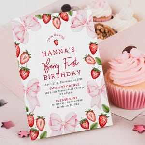 Pink Bow Berry First Birthday Invitation Editable Template Girl Strawberry First Birthday Invite Gingham Pink Coquette Bow Berry Theme Party