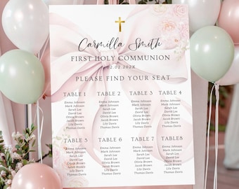 Plano de asientos para la Primera Comunión con lazo rosa floral / Plantilla editable de Canva (Descarga digital)