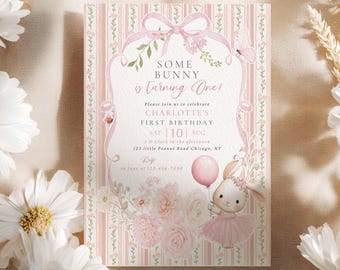 Some Bunny is One uitnodiging roze strik Some Bunny is Turning One nodigt meisje uit Coquette Bunny verjaardagsfeestje uitnodiging 1e verjaardag meisje Canva