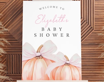 A Little Pumpkin Is On The Way Baby Shower Welcome Sign Girl Pink Bow Pumpkin Welcome Poster Editable Template Coquette Shower Decor Ribbon