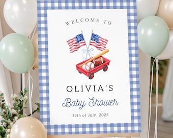 Letrero de bienvenida para baby shower totalmente estadounidense, decoración patriótica para baby shower con temática de fútbol americano, imprimible para baby shower del 4 de julio, hecho en EE. UU.