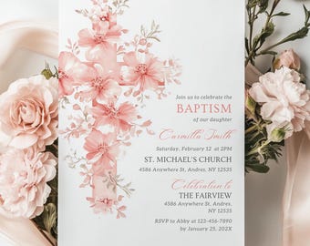Blush Pink Floral Baptism Invitation Girl for Girl Christening Invitation Elegant Vintage Floral Invitation Template Dusty Pink Flower Canva