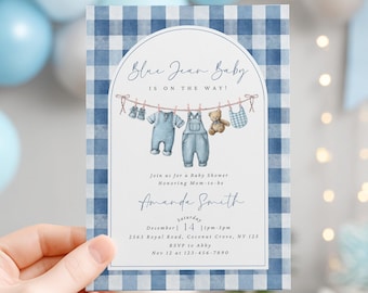 Invitación editable para baby shower con jeans azules, baby shower con jeans de cuadros, baby shower con jeans de mezclilla estilo western, baby shower de niño con jeans de mezclilla, invitación moderna Canva, descarga digital