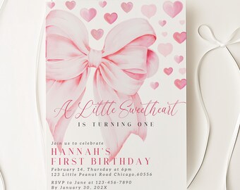 Little Sweetheart Is turning One Invitation Pink Bow Valentines Day 1st Birthday Invite Coquette Sweet Girl Valentines First Birthday Invite