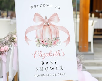 Little Pumpkin is On The Way Welcome Sign Floral Pink Pumpkin Baby Shower Template Watercolor Autumn Pink Bow Girl Baby Shower Welcome Sign